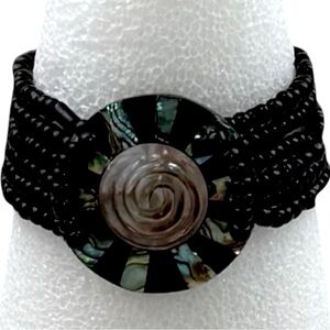 Black Beaded Bracelet Abalone Shell Spiral Stretch 7” Boho Stackable Coastal
